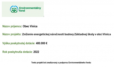 Zníženie energetickej náročnosti budovy Základnej školy v obci Vinica